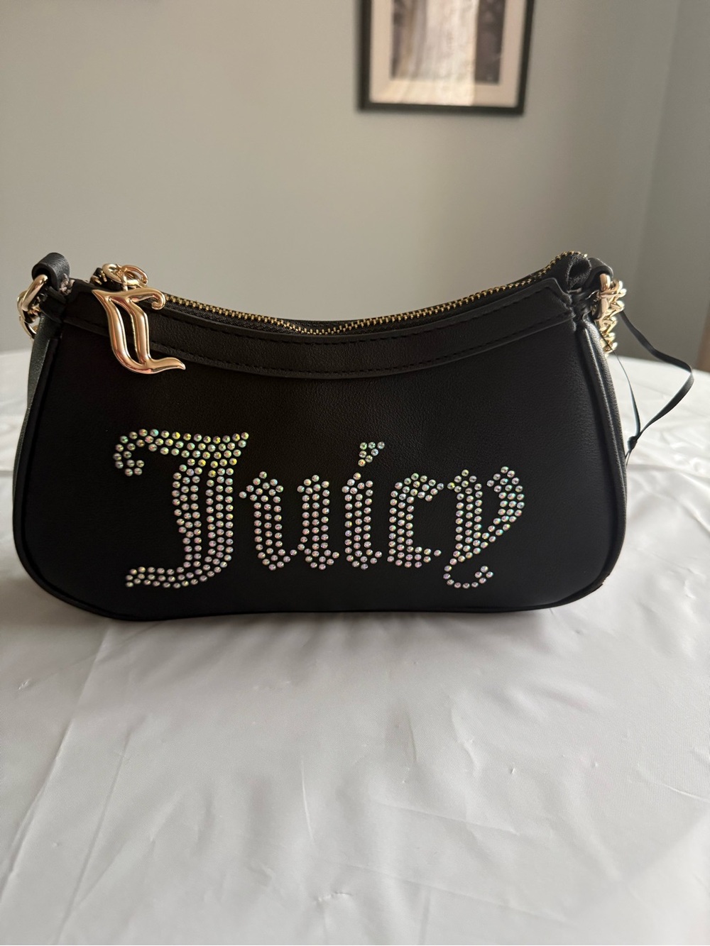 Juicy Couture Black Rhinestone Logo Shoulder Bag Gold